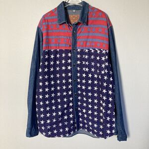 Vintage‎ Shirt Mens Large Stars Stripes Red White Blue Denim July Fourth Artsy